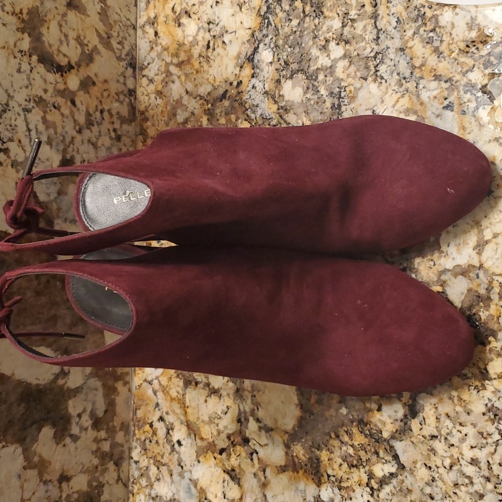 Gorgeous Pelle Moda, heeled, burgandy suede, open backed booties with suede ties